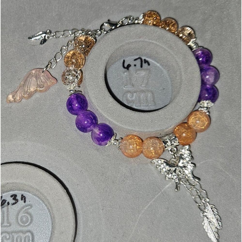 Orange Purple Wire Beaded Bracelet w Butterfly and Feather Charms #770